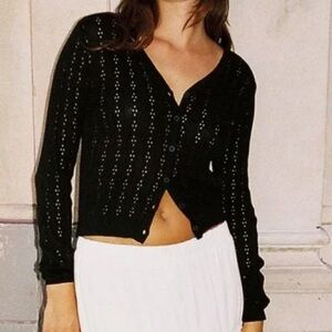 Brandy Melville black v neck pointelle button crop cardigan sweater Sz small